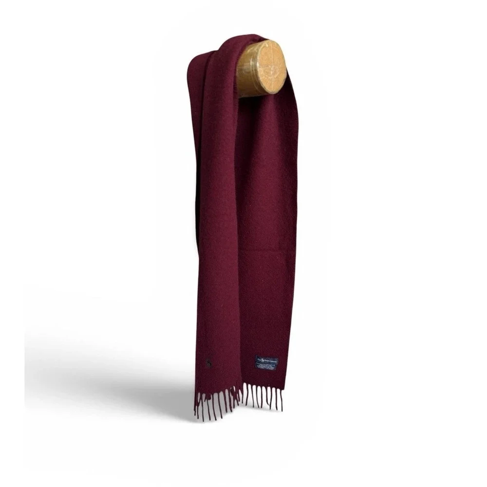 Polo Ralph Lauren Lambswool Scarf Burgundy Scotland Pony Logo Fringe 60x11.5